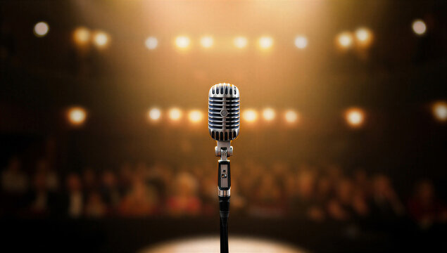 Vintage silver microphone on stage, classic retro vocal mic in theater spotlight, professional music equipment for live performance and stand-up comedy