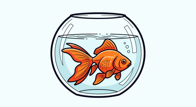 A vibrant orange goldfish swims in a clear fishbowl