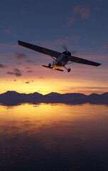 Small Airplane Flying Over Ocean at Sunset Above Mountain Silhouette — 3D Rendering © edb3_16