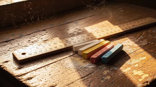 Vibrant colored chalks and wooden tool sit on rustic old table indoors