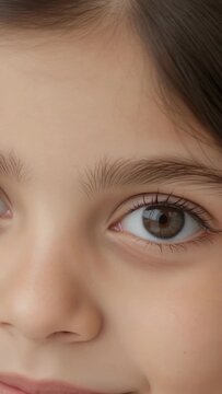 Vertical video: Pulling camera back, girl turning head and holding gaze in studio, showing eyes