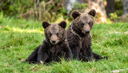 Two Brown Bear Cubs Sitting Together Close Up © วรัญญู สุนโท