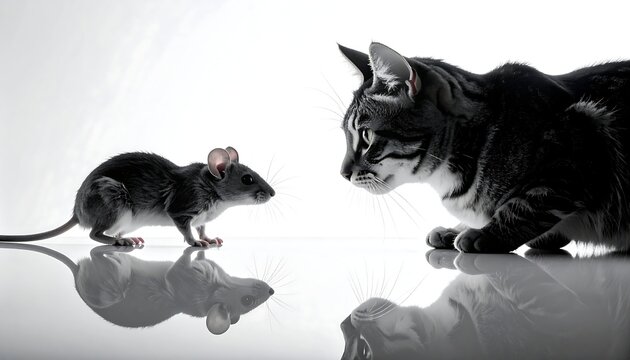 Cat and mouse face off in a tense standoff, monochrome.