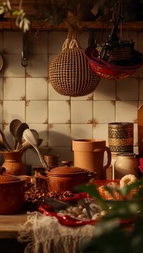 Vertical video: Rightward camera revealing clay pots with wooden spoons on rustic counter for shoot
