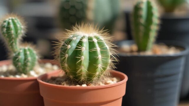 A small cactus in a pot gently swaying side to side like dancing, sunny desk scene, humorous vibe, 4K macro detail, 5 seconds