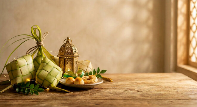 Eid Al Fitr Festive Background with Ketupat and Traditional Islamic Lantern