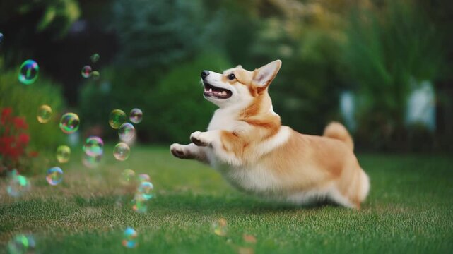 A cute corgi dog jumping playfully trying to catch floating soap bubbles in a bright backyard garden, slow motion bubbles, cheerful funny moment, ultra realistic fur detail, cinematic lighting, 4K, no