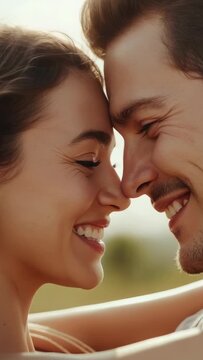 Vertical video: Smiling couple leaning, touching foreheads in sun, showing love, faces, arms, strap