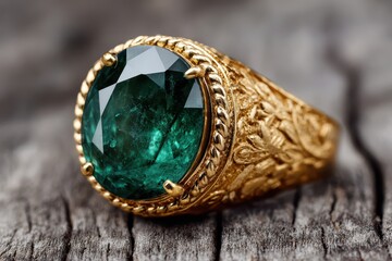 Naklejka premium Close-up studio shot showcases a golden ring featuring a large, emerald-cut green gemstone, beautifully presented on a weathered wooden surface, emphasizing luxury, detail, and elegance.