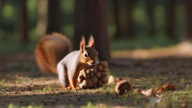 funny squirrel trying to carry a nut that is too big for its body, adorable struggle, natural forest environment, bright daylight, ultra realistic fur, cinematic wildlife 4k footage, 5 seconds