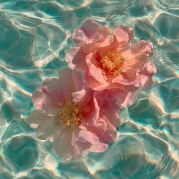 Submerged Blooms: Delicate pink flowers serenely float on the surface of crystal-clear water, creating a tranquil oasis of color and light. Capturing their ephemeral beauty.