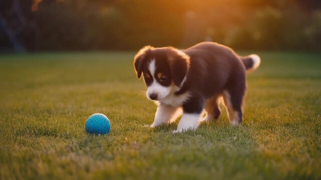 playful puppy jumping and missing a bouncing ball in a funny way, grassy backyard environment, warm sunset lighting, ultra realistic fur, cinematic slow motion feel, 4k, 5 seconds