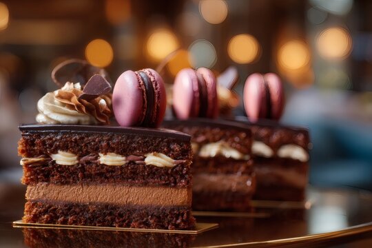 Decadent Chocolate Cake: An inviting image of a perfectly sliced chocolate cake with layers of rich frosting and a delicate macaron on top, evokes a sense of indulgence.