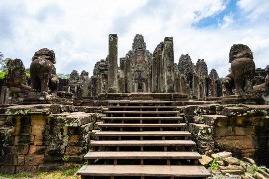 Ancient stone ruins of Bayon Temple in Angkor Thom Cambodia