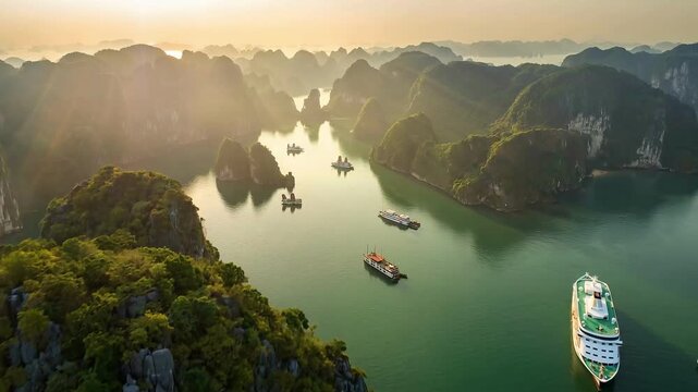 Breathtaking aerial view of Ha Long Bay with cruise ships navigating emerald waters at sunrise