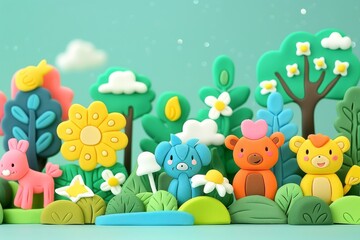 Obraz premium Cute plasticine forest animals trees and flowers layered clay characters colorful playful 3d kawaii style composition