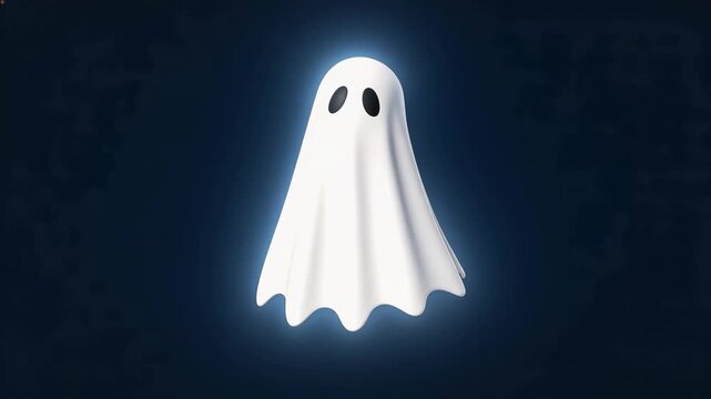 Cute friendly ghost floating on dark background Halloween spirit character illustration