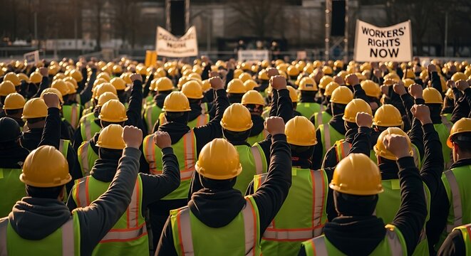 Construction Workers Protest with Signs and Helmets.