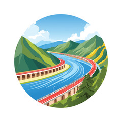 Scenic illustration of a winding river and road through mountains