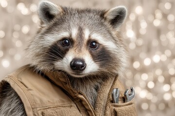 Obraz premium A raccoon wearing a vest with a wrench in its pocket, standing against an out-of-focus background, looking directly at the camera with a serious expression.