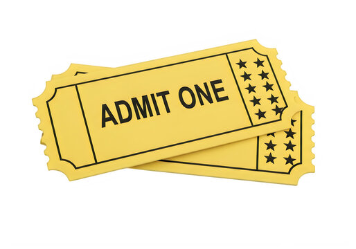 A yellow ticket with admit one written on it isolated on transparent background