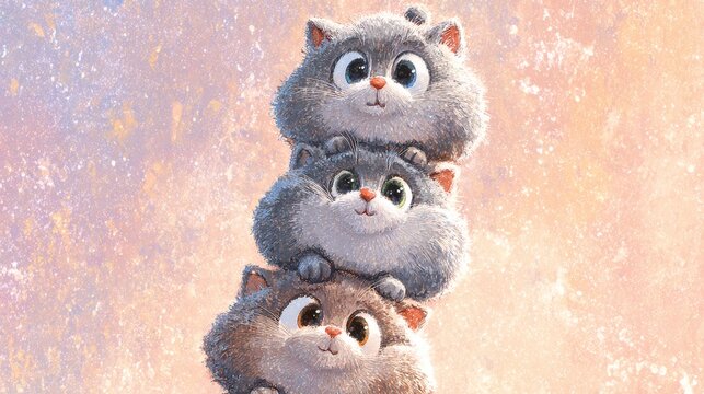 Feline Stack Delight: A trio of fluffy kittens balances in a playful stack, their large eyes conveying an aura of sheer contentment and camaraderie. This scene is both heartwarming and light-hearted.
