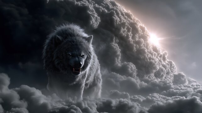 Fenrir - Wolf Devourer, Dark Gray Apocalyptic Sky, World Cracking, Wolf Form Devouring Sun, Flame Fur