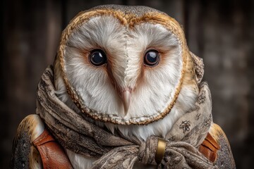 A beautifully detailed close-up portrait of a Barn Owl, looking directly at the viewer with a scarf and harness, against a muted, earthy background setting.