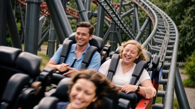 Excited riders on a theme park thrill ride