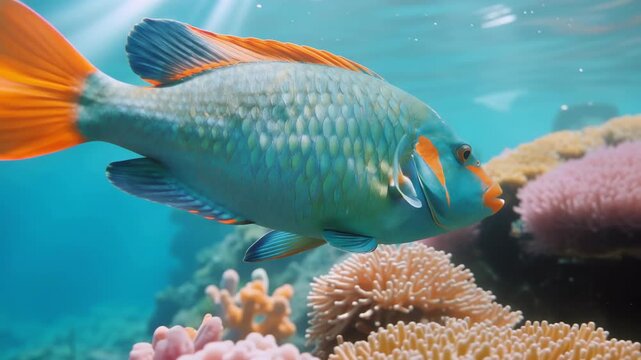 Colorful tropical fish swimming near vibrant coral reef underwater in clear ocean water