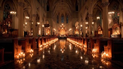 Fototapeta premium Interior of a Catholic church aisle with a long central aisle, wooden pews, stained glass windows, and warm sunlight streaming in, creating a serene atmosphere.
