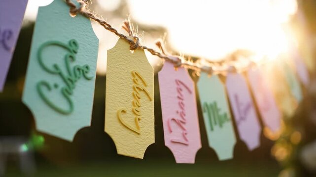 Hanging, colorful tag banner with raised text, soft focus, sunset