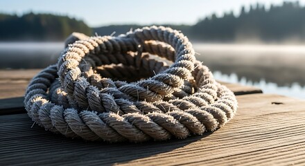 Fototapeta premium Coiled Rope on Dock by Lake.