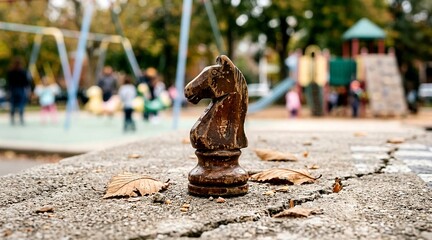 A wooden, brown chess piece on a concrete surface in a playground filled with children