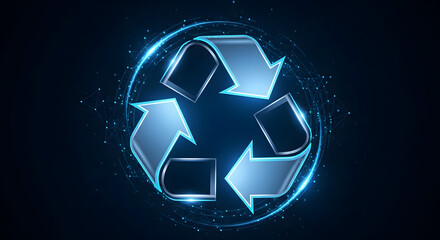 Fototapeta premium Glossy recycling symbol with glowing blue energy effect representing sustainability and environmental protection ideal for eco-friendly concepts