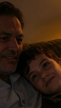 Vertical video: Smiling dad and son cuddling on couch by lamp, sharing calm, in shirt, sweater