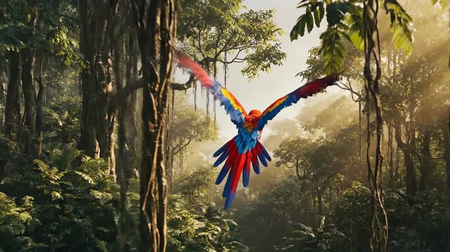 Colorful macaw soars over dense, green rainforest canopy