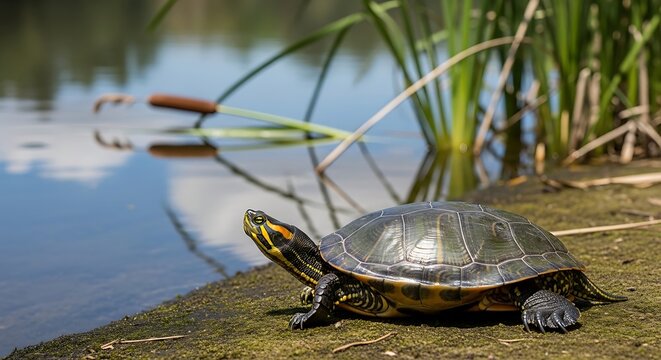 Yellow headed turtle near riverbank