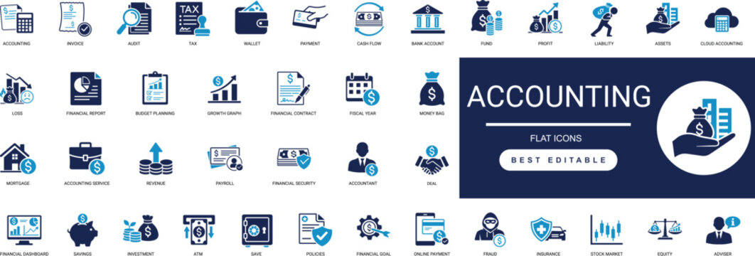 accounting solid icon set. finance, audit, tax, calculator, invoice, financial, budget. editable vector