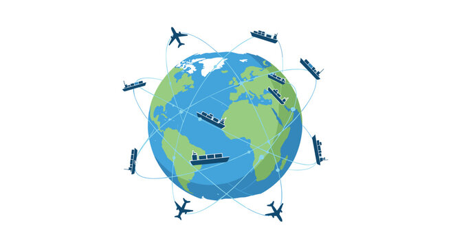 A vibrant blue and green globe with dark blue cargo ships and airplanes circling it along solid connecting lines is depicted on a white background.
