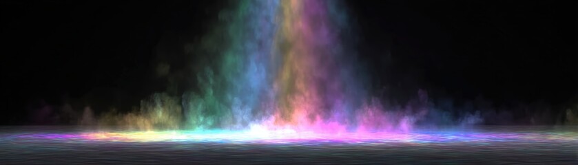 Fototapeta premium A vibrant, multicolored light beam shines down onto a rippling water surface, a mystical and ethereal atmosphere with glowing reflections, world crisis, blurred background