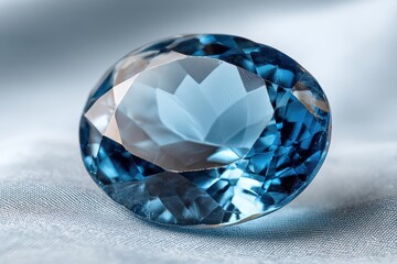 Fototapeta premium A close-up shot of a vibrant blue gemstone, showcasing its intricate facets and stunning brilliance, set against a softly textured background.