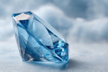 A macro shot of a light blue diamond with many facets, reflecting and refracting light in a subtle way, set against a light blue and white background, jewel, gem, shiny.