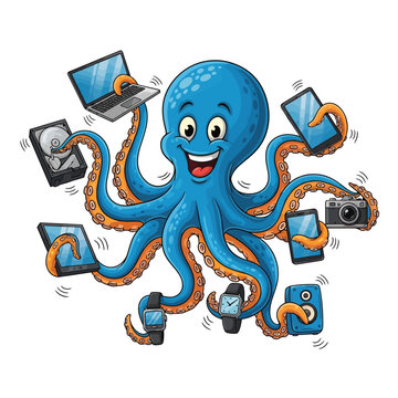 Happy cartoon octopus juggling modern technology gadgets like laptop, smartphone, hard drive, and smartwatch. digital concept