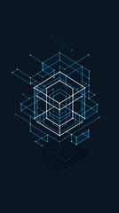 Fototapeta premium Abstract geometric 3 d cube illustration with lines and dots on dark background