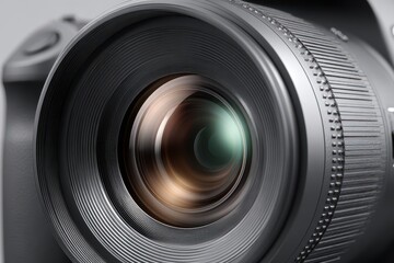 Close-up studio shot of a modern digital camera lens, showcasing intricate details and professional quality, ideal for photography enthusiasts and professionals.
