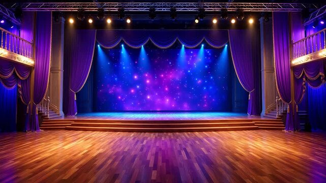 Empty theater stage with purple curtains