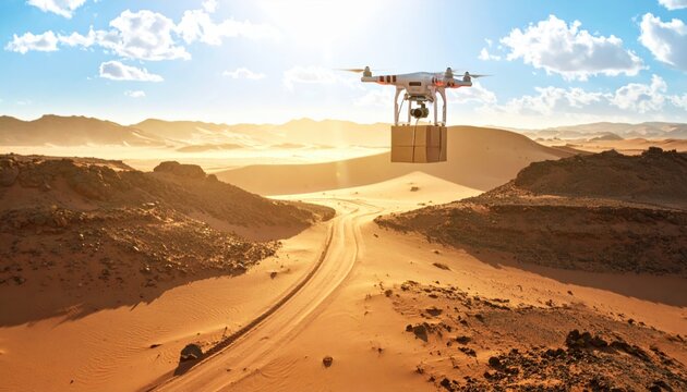 Drone delivering essential emergency food rations to a remote arid desert landscape, showcasing advanced logistics and aid delivery.