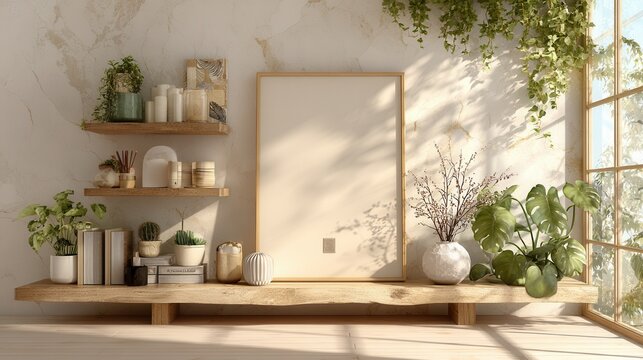 Mockup poster frame on a wall in a hipster interior with cozy modern furniture, warm lighting, and minimal composition, 3D render.