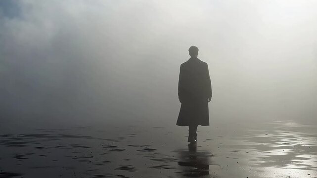 Silhouette of person walking on foggy beach